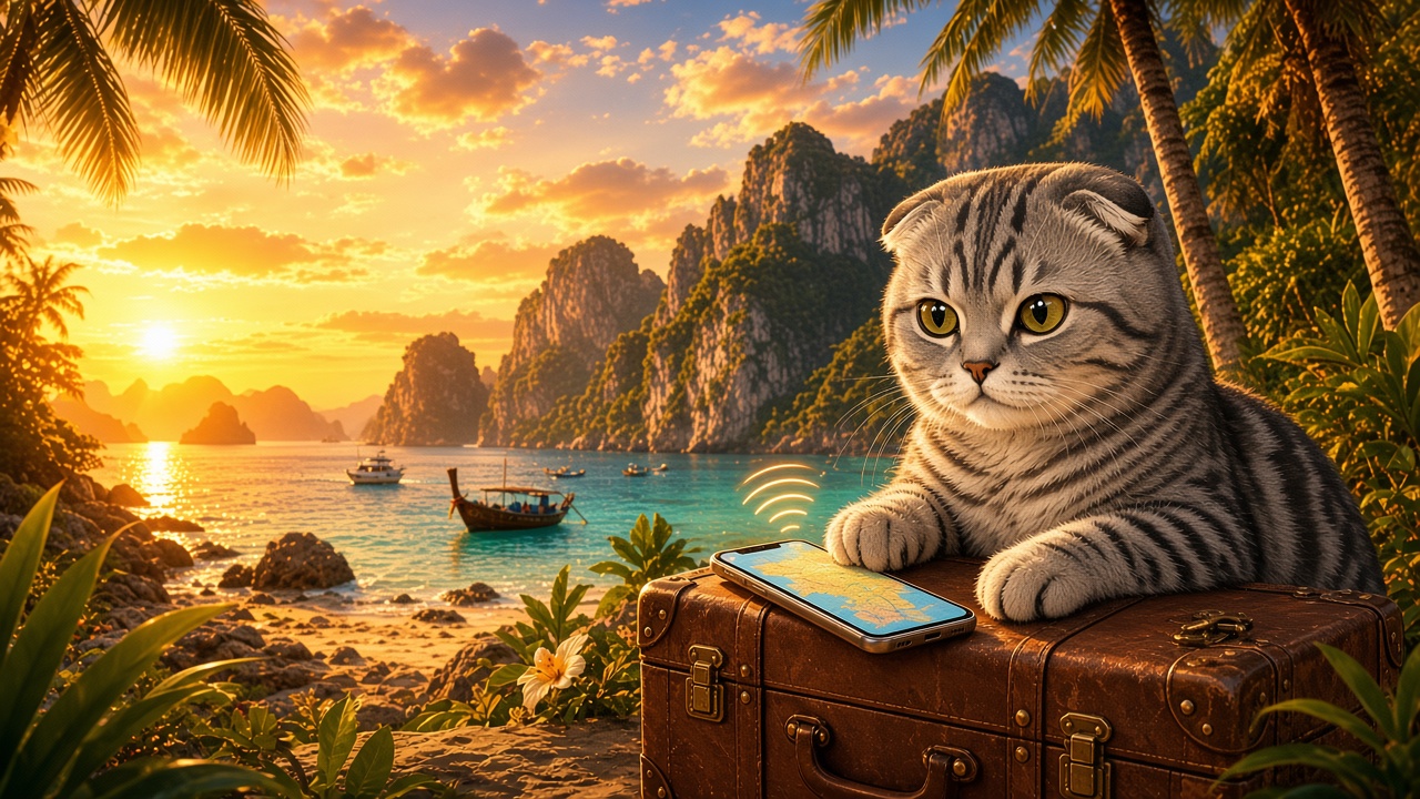 Fujiyama, a silver Scottish Fold, with a phone on her suitcase before a trip